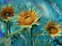 Schilderij van turquoise zonnebloemen tegen een dromerige blauwe achtergrond