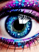 Macro-opname van oog met paars-turkooizen make-up