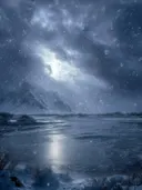 Schilderij van een bevroren meer verlicht door de maan