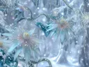 Schilderij van bevroren sterbloemen met vorst in een besneeuwd bos