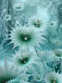 Schilderij van ijskleurige stervormige bloemen in een berijpt bos
