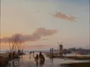 Bevroren vaart van Andreas Schelfhout: landschap met winter, ijs, molen en schaatsers, in roze en gedempt grijs