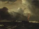 Bewogen zee met zeilboten van Jacob van Ruisdael: zee met zee, storm, wolken en zeilschip, in donkergrijs en bruin