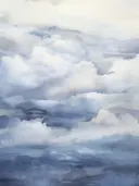 Waterverf schilderij van wolken die spiegelen in kalm water.