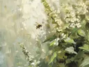 Schilderij van een bij die vliegt tussen witte bloesems.