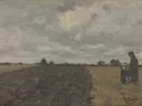 Bij Vries van Anton Mauve: landschap met akker, boeren, wolken en veld, in gedempt grijs
