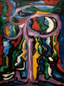 Bild 04096 ( ) van Jacoba van Heemskerck: abstract met vormen, krommen, kleurvlakken en expressief, in rood groen en blauw op zwart