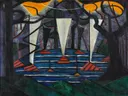 Bild no. 23 van Jacoba van Heemskerck: abstract met vormen, geometrisch, lijnen en vlakken, in blauw oranje en groen