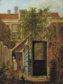 Binnenplaats met een vrouw en een kind van Johannes Jelgerhuis: portret