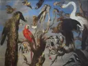 Bird's Concert van Frans Snyders: dieren met vogels, papegaai, zwaan en uil, in blauw en bruin