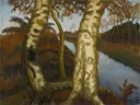 Birken am Moorkanal van Otto Modersohn: landschap met berken, kanaal, water en bomen, in gedempt groen en wit