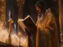 Geestelijke leest in een kathedraal bij kaarslicht