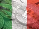 Bitcoin-munten met groen-wit-rode achtergrond