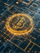 Schilderij van een bitcoin munt op een circuitboard