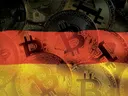 Bitcoin munten in rood, geel en zwart, abstract schilderij