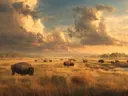 Schilderij van bizons in gouden grasland onder een dramatische lucht