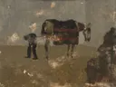 Blacksmith with Gray van George Hendrik Breitner: dieren met paard, deken, man en winter, in gedempt bruin en grijs