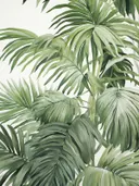 Onderaanzicht van palm- en bananenbladeren in olijfgroene tinten.