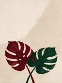 Schilderij van bladeren van dichtbij in bordeaux en bosgroen, in vlakke kleurvlakken