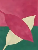 Schilderij van bladeren van dichtbij in framboos en jade, in vlakke kleurvlakken