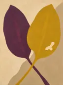 Schilderij van bladeren van dichtbij in pruim en mosterd, in vlakke kleurvlakken