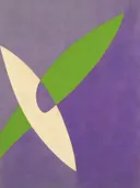 Schilderij van bladeren van dichtbij in violet en limoen, in vlakke kleurvlakken