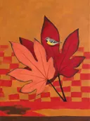 Schilderij van bladeren van dichtbij in warme kleuren bij elkaar, in vlakke kleurvlakken