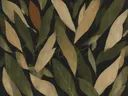 Bladpatroon in de stijl Textured Minimalism, in olijfgroen, kaki en bleek zand, met een gebrande sienna als accent