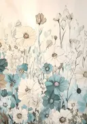 Schilderij van een blauw bloemenveld in lijnkunst