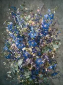 Blauw boeket in blauwe tinten, insecten schilderij