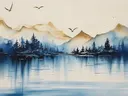 Blauw dennenbos aan het meer met vogels, abstract schilderij