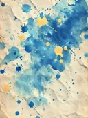 Blauwe en gele verfspatten op een verkreukeld papieren achtergrond