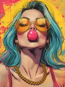 Pop-art portret van een vrouw met blauw haar die kauwgom blaast