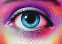 Pop-art close-up van een blauw oog met neon halftoonpatroon eromheen