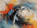 Abstract schilderij met blauwe en oranje penseelstreken