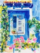 Aquarelschilderij van blauw raam met bougainville bloemen
