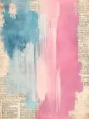 Abstract schilderij met een kleurverloop van blauw naar roze op krantenpapier