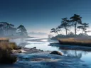 Schilderij van het blauwe uur boven een kreek