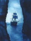 Monochroom blauw aquarel van een groot zeilschip tussen rotsformaties