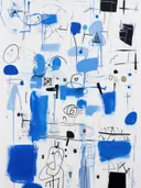 Abstract expressionistisch schilderij met blauwe en zwarte penseelstreken en vormen op wit
