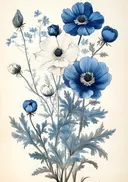 Schilderij van blauwe anemonen in botanische prentstijl