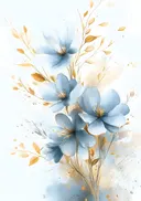 Aquarel van blauwe anemonen met gouden decoratieve takjes