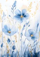 Aquarel schilderij van blauwe anemonen met gouden accenten