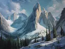 Schilderij van een blauwe bergtop met mist