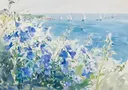 Schilderij van blauwe bloemen aan zee