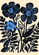Grafische illustratie van blauwe bloemen in silhouetstijl
