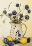 Stilleven schilderij van blauwe distels en citroenen