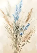 Schilderij van blauwe droogbloemen en pampasgras