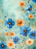 Aquarelschilderij met blauwe en oranje cosmosbloemen op een turquoise achtergrond