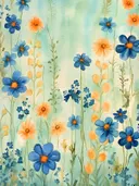 Blauwe en oranje wilde veldbloemen op lange stelen tegen een groene achtergrond